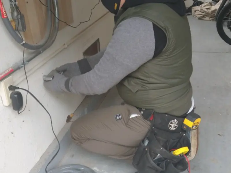 Electrician performing outlet wiring in a Weirton garage